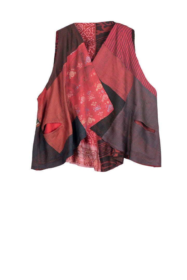 VINTAGE SILK PATCH KANTHA CIRCLE VEST - vp2226-red -