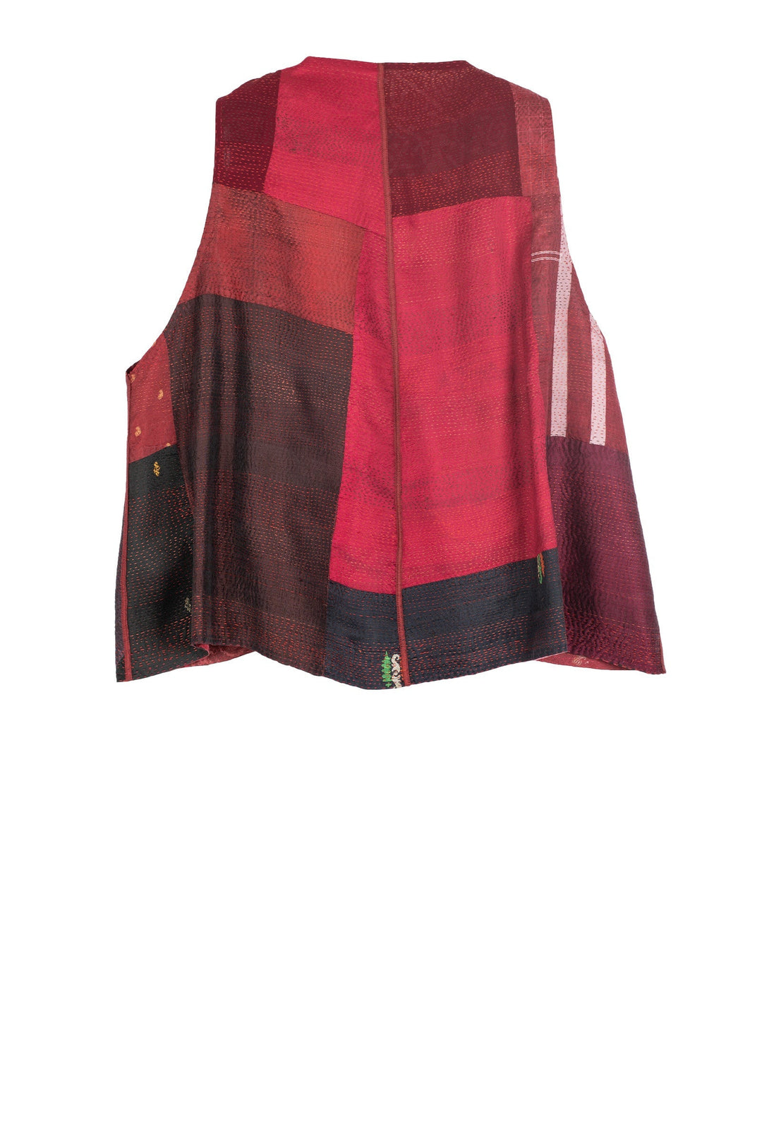 VINTAGE SILK PATCH KANTHA CIRCLE VEST - vp2226-red -