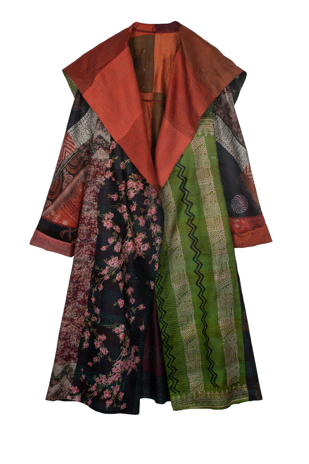 VINTAGE SILK PATCH KANTHA A-LINE LONG COAT - vp2302-brn -