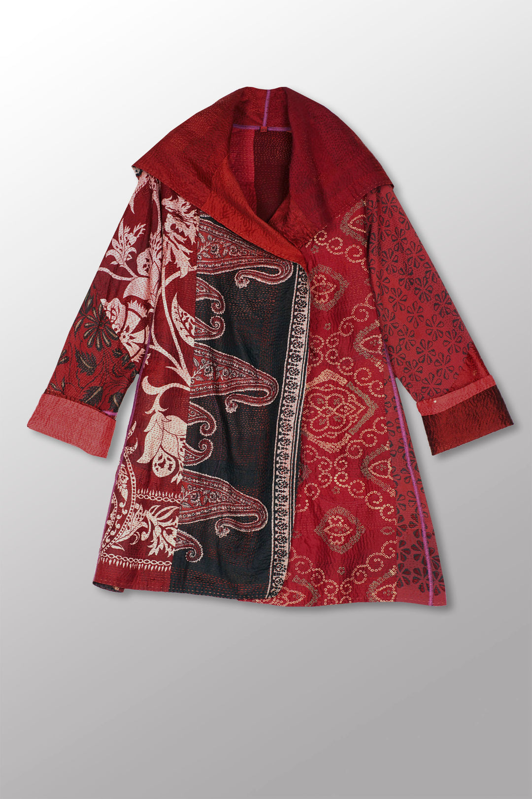 VINTAGE SILK PATCH KANTHA A-LINE COAT P - vp2336-red -