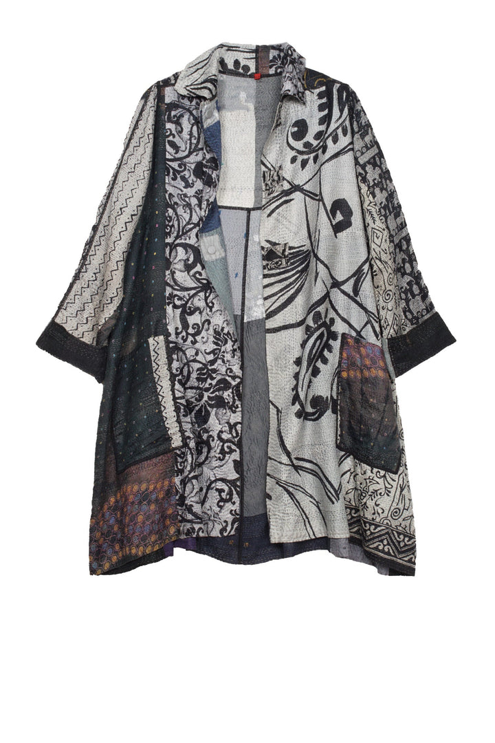 VINTAGE SILK PATCH KANTHA A-LINE DUSTER - vp2311-blk -