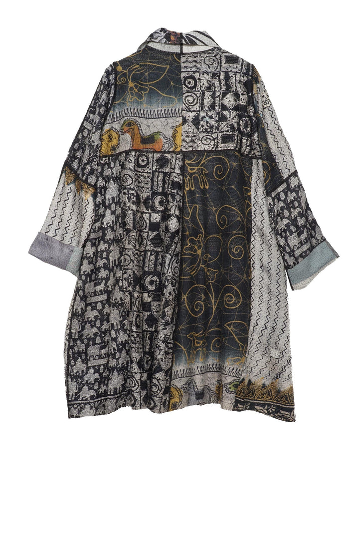 VINTAGE SILK PATCH KANTHA A-LINE DUSTER - vp2311-blk -