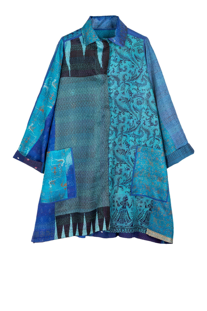 VINTAGE SILK PATCH KANTHA A-LINE DUSTER - vp2311-blu -