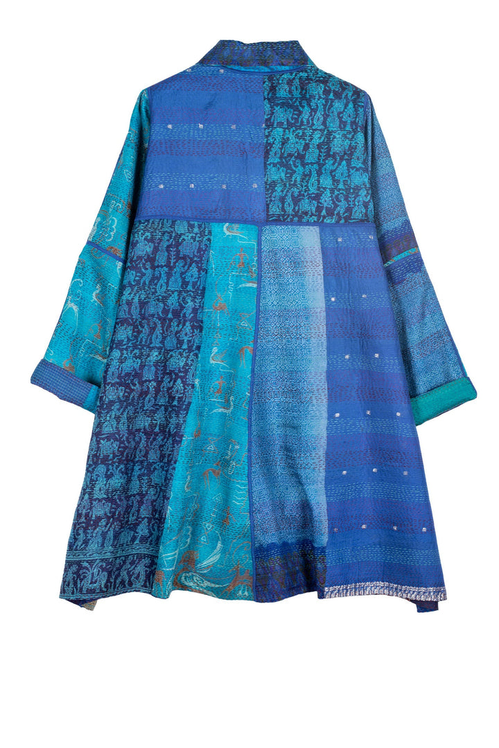 VINTAGE SILK PATCH KANTHA A-LINE DUSTER - vp2311-blu -