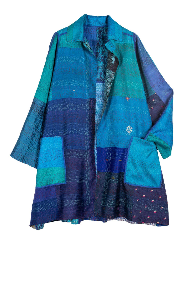 VINTAGE SILK PATCH KANTHA A-LINE DUSTER - vp2311-blu -