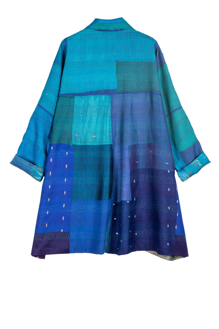 VINTAGE SILK PATCH KANTHA A-LINE DUSTER - vp2311-blu -