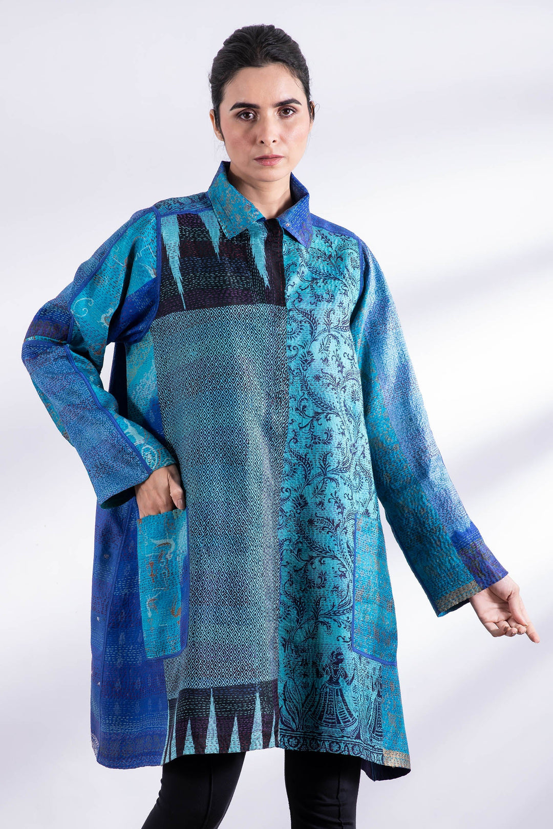 VINTAGE SILK PATCH KANTHA A-LINE DUSTER - vp2311-blu -