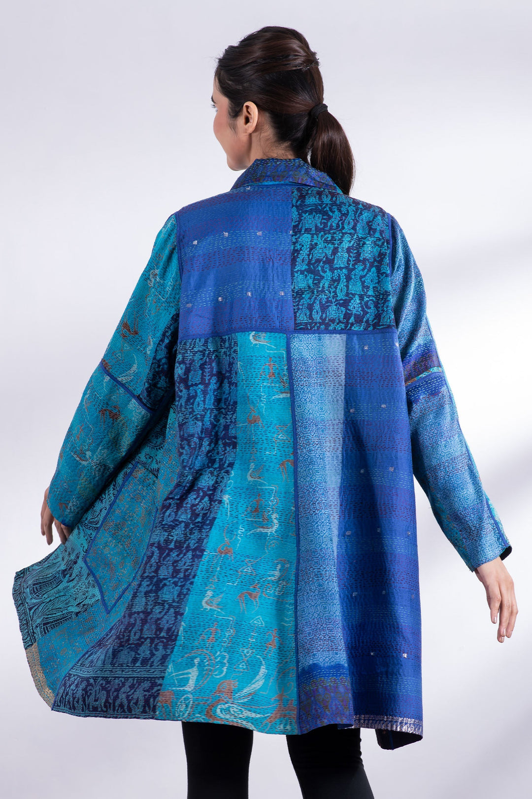 VINTAGE SILK PATCH KANTHA A-LINE DUSTER - vp2311-blu -