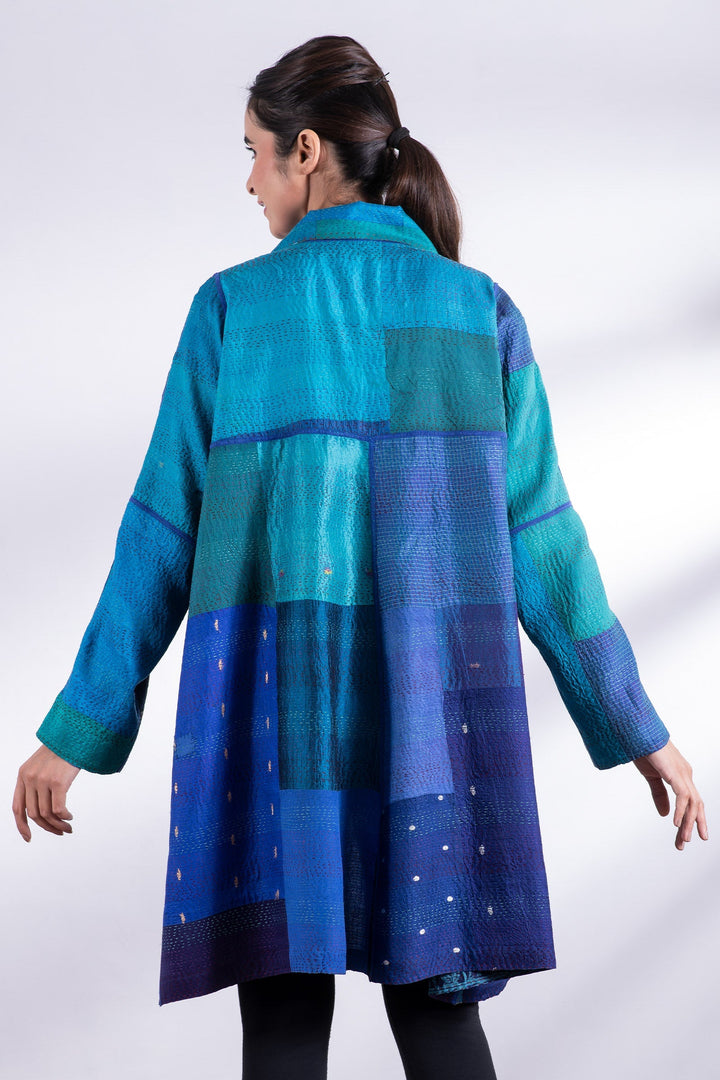 VINTAGE SILK PATCH KANTHA A-LINE DUSTER - vp2311-blu -