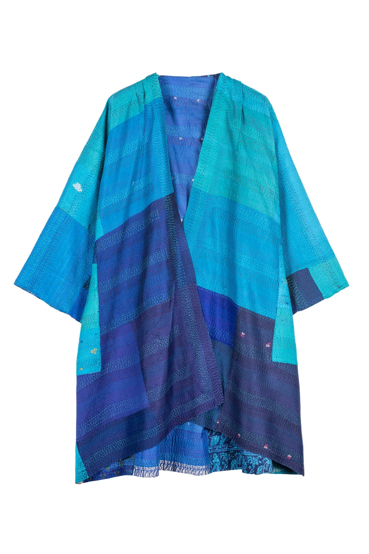 VINTAGE SILK PATCH KANTHA KIMONO DUSTER - vp2317-blu -