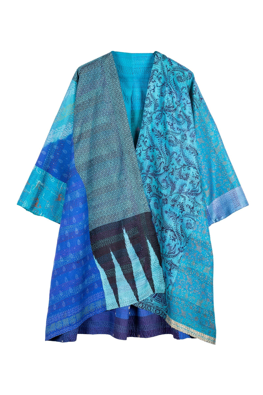 VINTAGE SILK PATCH KANTHA KIMONO DUSTER - vp2317-blu -