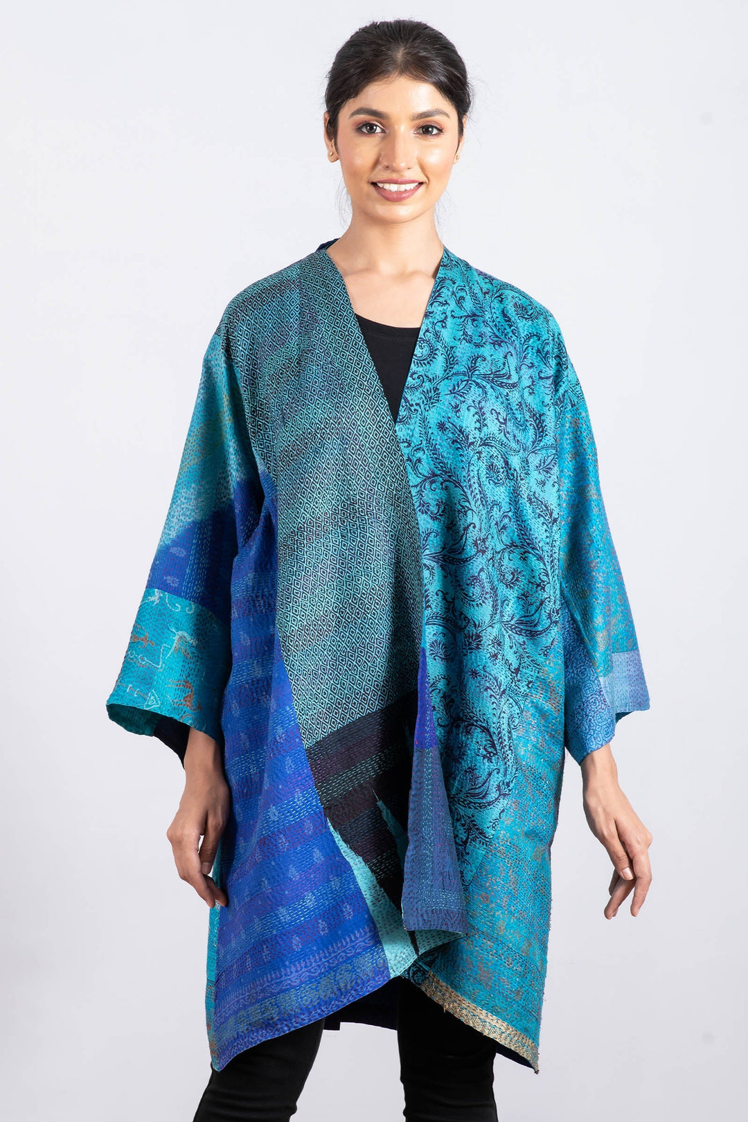 VINTAGE SILK PATCH KANTHA KIMONO DUSTER - vp2317-blu -