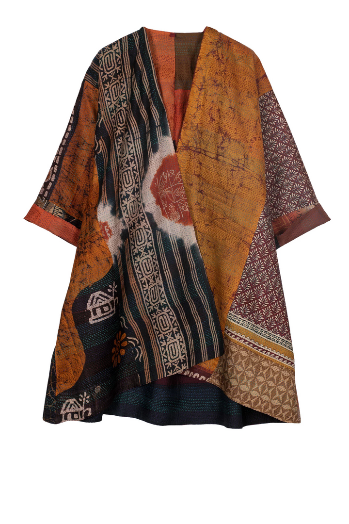 VINTAGE SILK PATCH KANTHA KIMONO DUSTER - vp2317-brn -