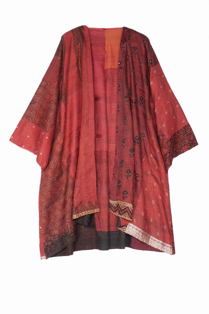 VINTAGE SILK PATCH KANTHA KIMONO DUSTER - vp2317-red -