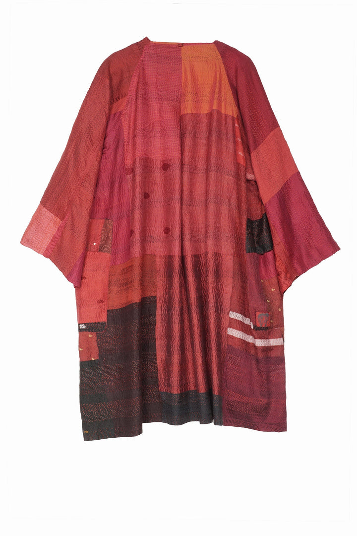 VINTAGE SILK PATCH KANTHA KIMONO DUSTER - vp2317-red -