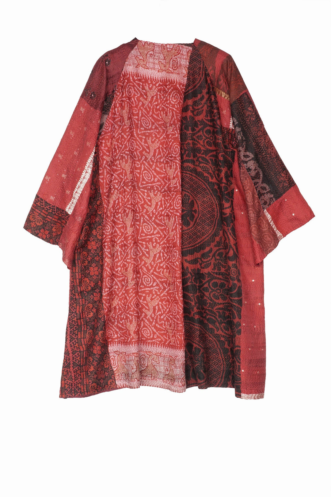 VINTAGE SILK PATCH KANTHA KIMONO DUSTER - vp2317-red -