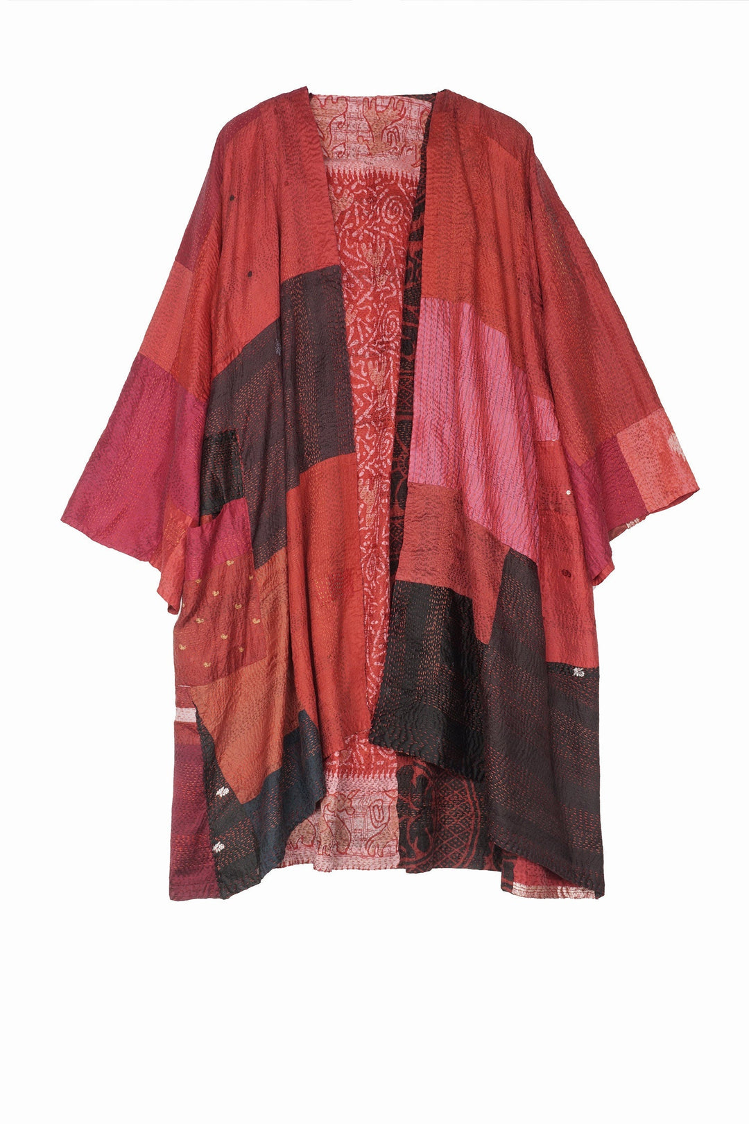 VINTAGE SILK PATCH KANTHA KIMONO DUSTER - vp2317-red -