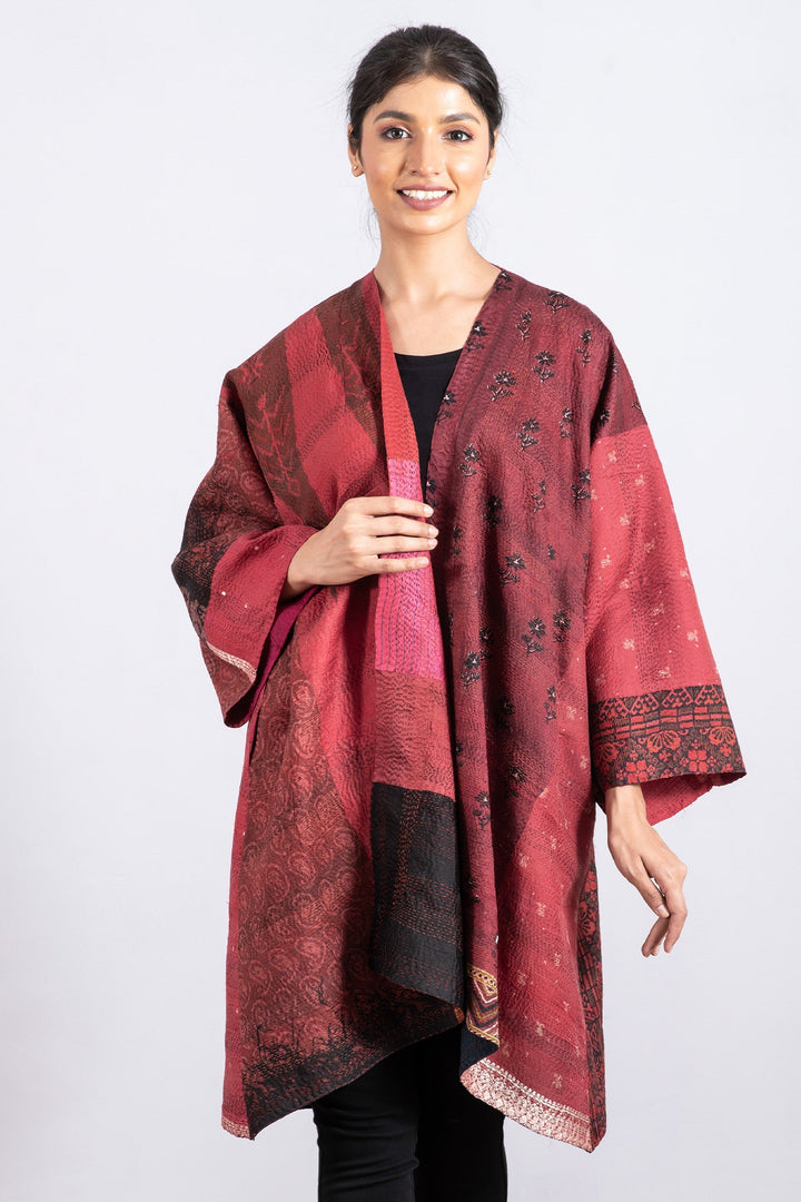 VINTAGE SILK PATCH KANTHA KIMONO DUSTER - vp2317-red -