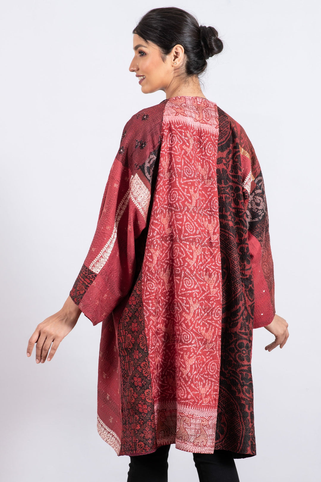 VINTAGE SILK PATCH KANTHA KIMONO DUSTER - vp2317-red -