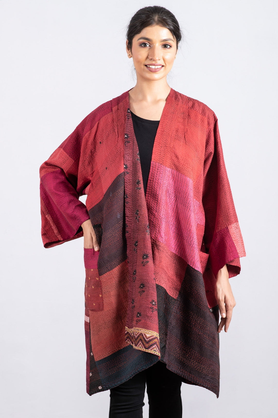 VINTAGE SILK PATCH KANTHA KIMONO DUSTER - vp2317-red -