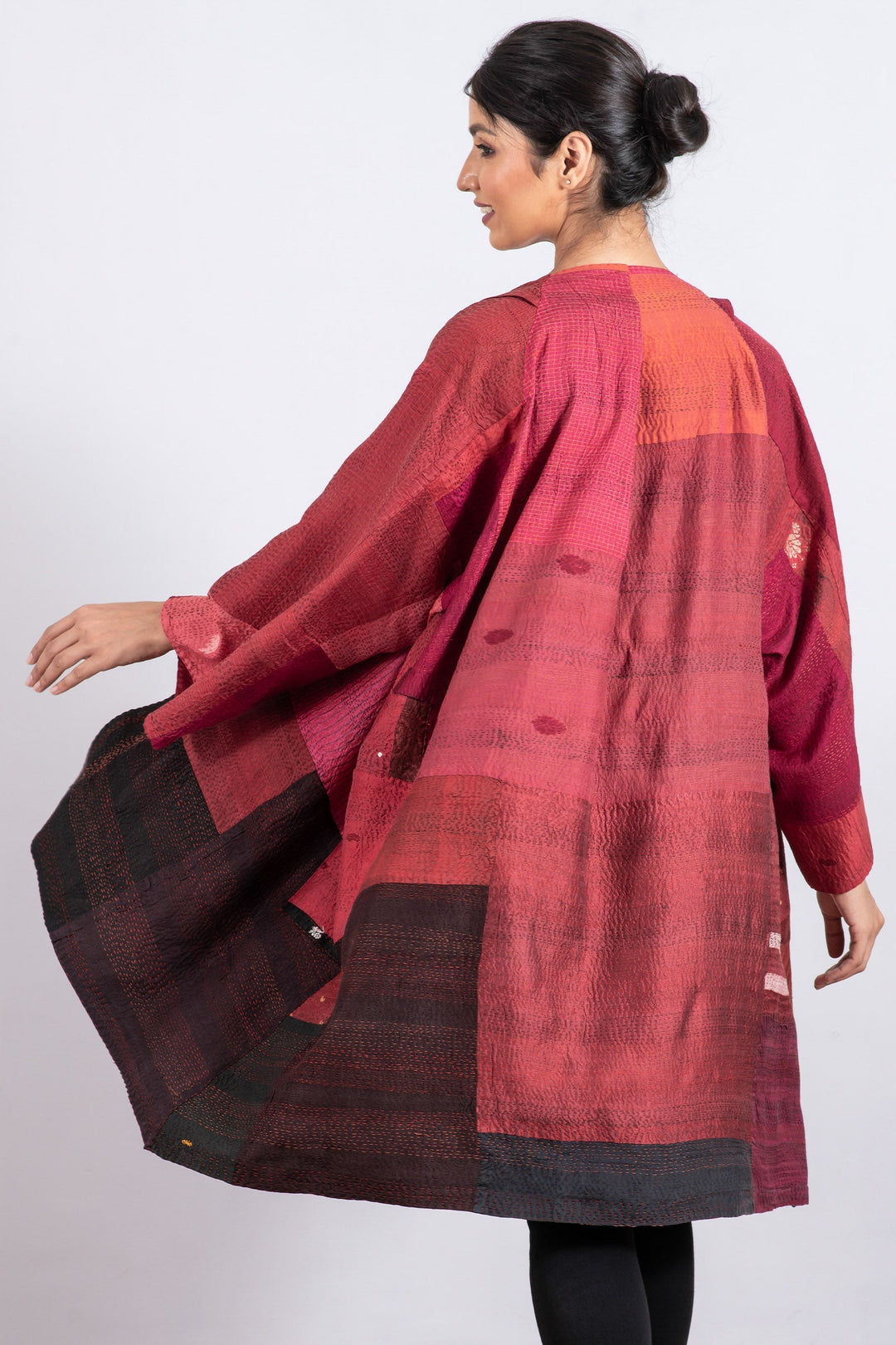 VINTAGE SILK PATCH KANTHA KIMONO DUSTER - vp2317-red -