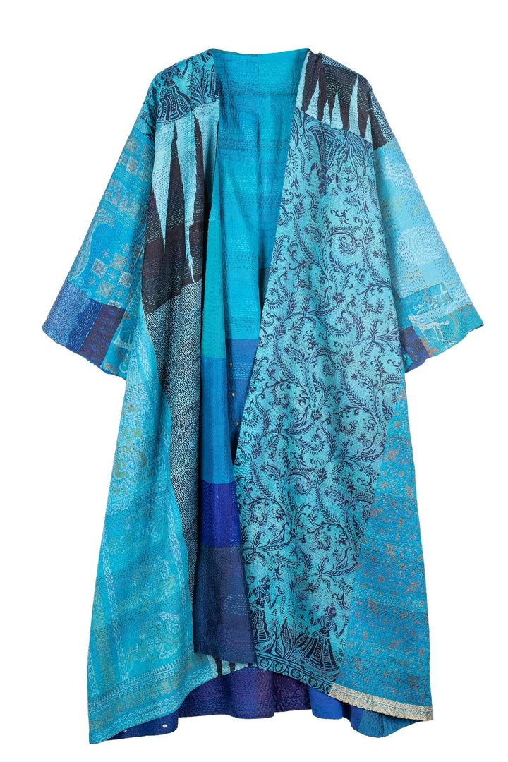 VINTAGE SILK PATCH KANTHA KIMONO MAXI - vp2318-blu -