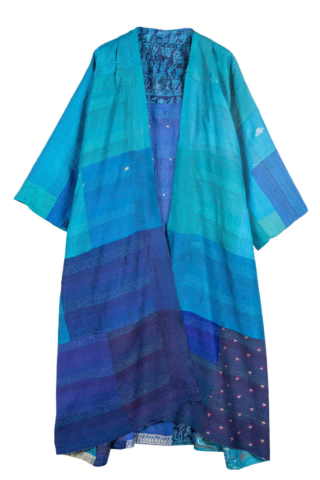 VINTAGE SILK PATCH KANTHA KIMONO MAXI - vp2318-blu -