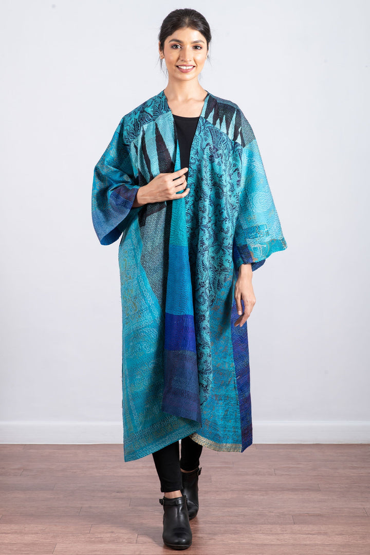 VINTAGE SILK PATCH KANTHA KIMONO MAXI - vp2318-blu -