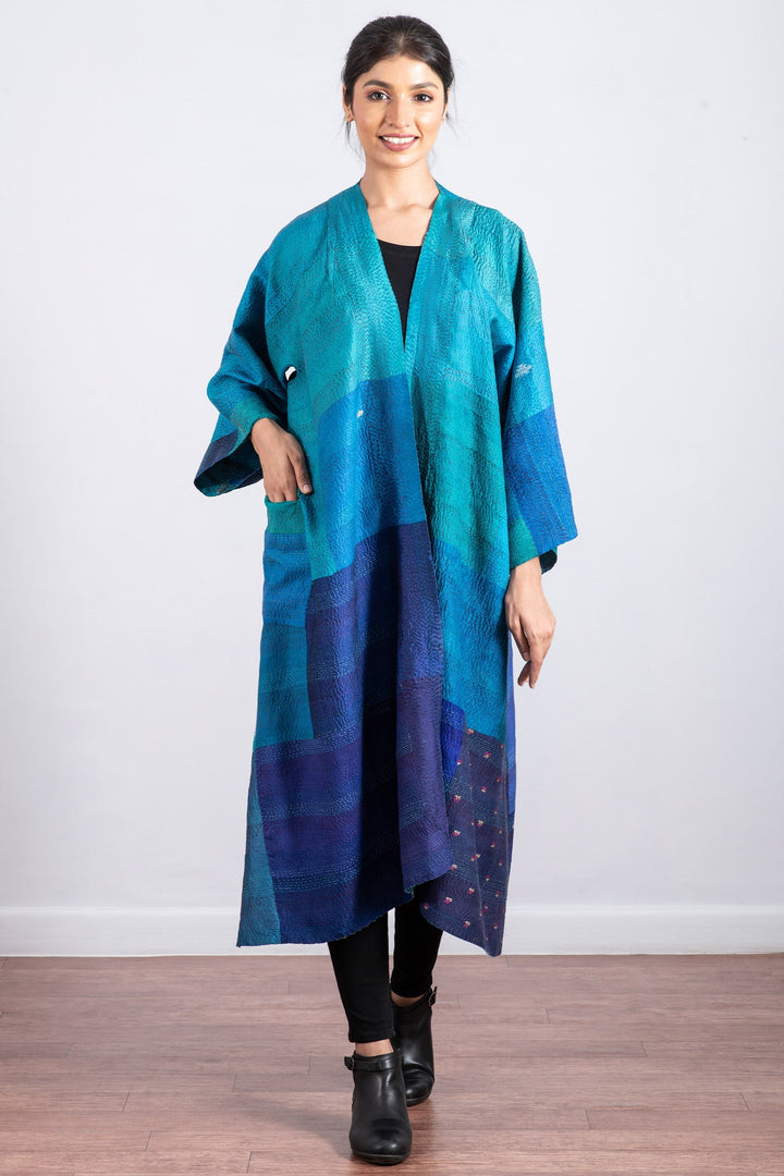 VINTAGE SILK PATCH KANTHA KIMONO MAXI - vp2318-blu -