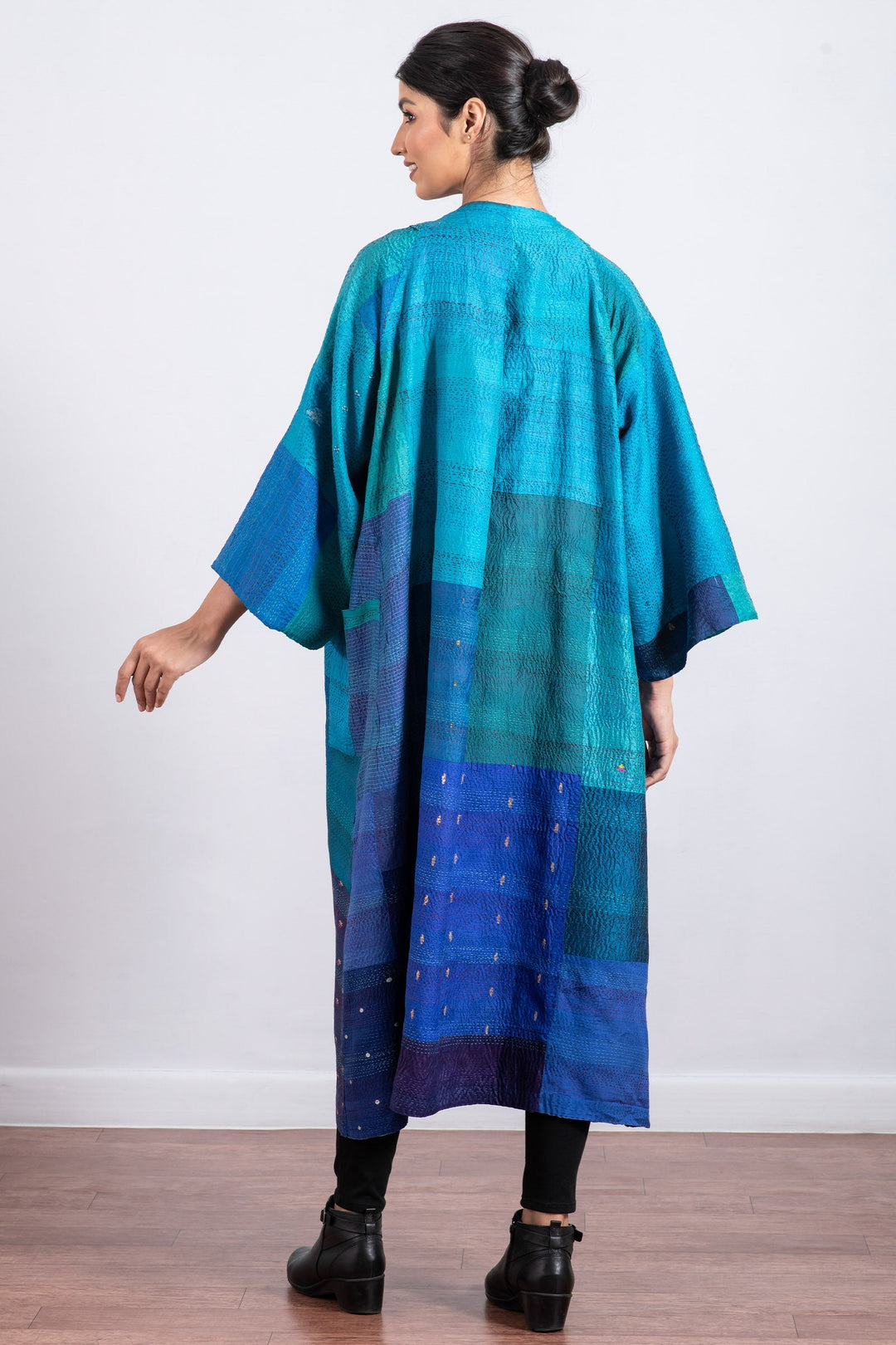 VINTAGE SILK PATCH KANTHA KIMONO MAXI - vp2318-blu -