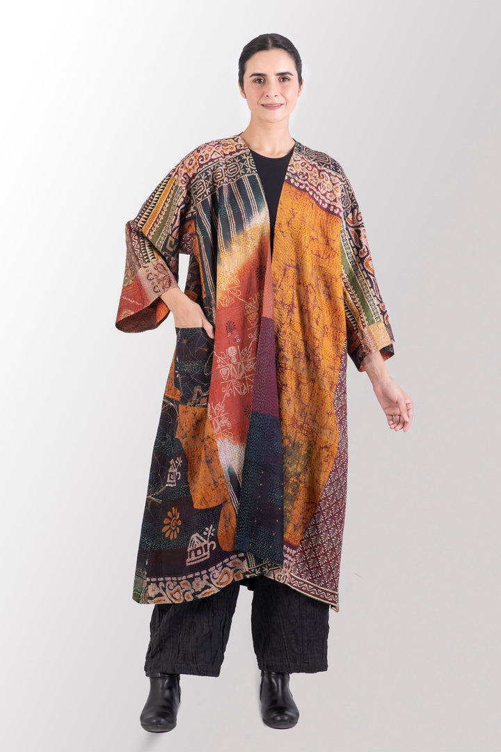 VINTAGE SILK PATCH KANTHA KIMONO MAXI - vp2318-brn -