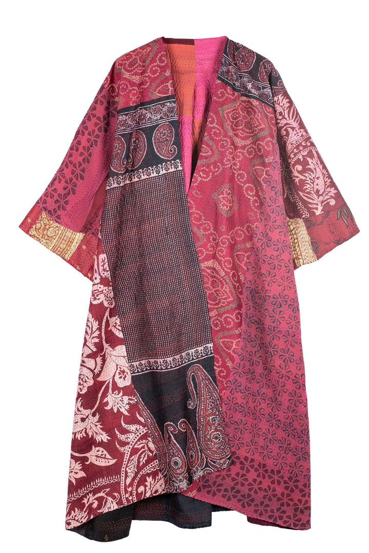 VINTAGE SILK PATCH KANTHA KIMONO MAXI - vp2318-red -