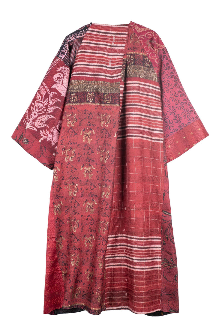 VINTAGE SILK PATCH KANTHA KIMONO MAXI - vp2318-red -