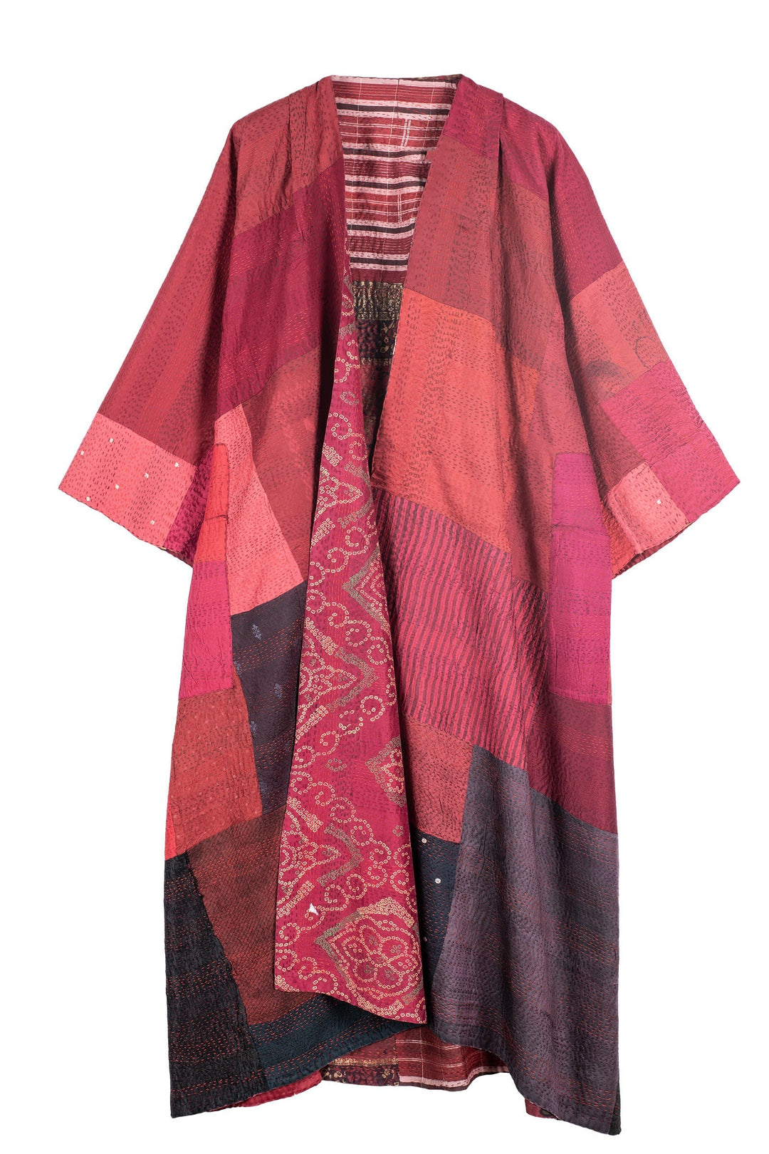 VINTAGE SILK PATCH KANTHA KIMONO MAXI - vp2318-red -