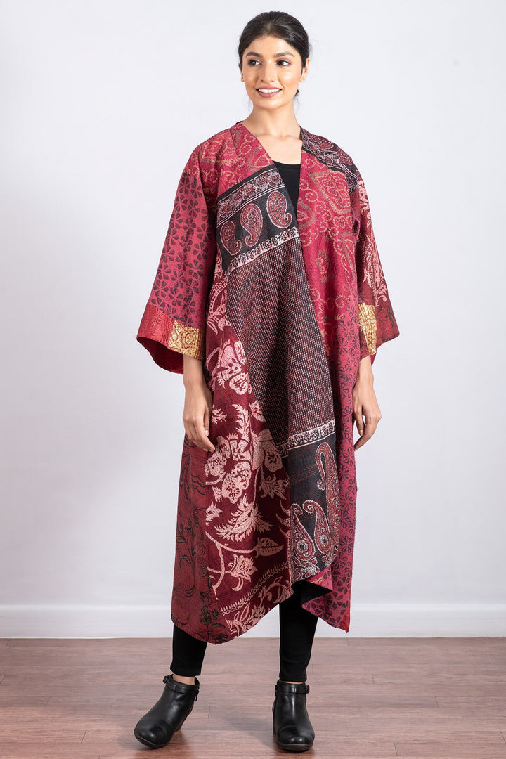 VINTAGE SILK PATCH KANTHA KIMONO MAXI - vp2318-red -