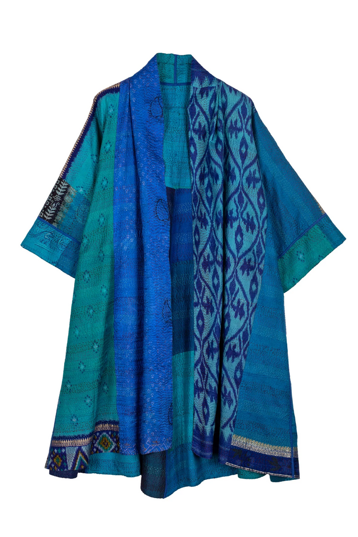 VINTAGE SILK PATCH KANTHA 3/4 SLV. A-LINE DUSTER - vp2324-blu -