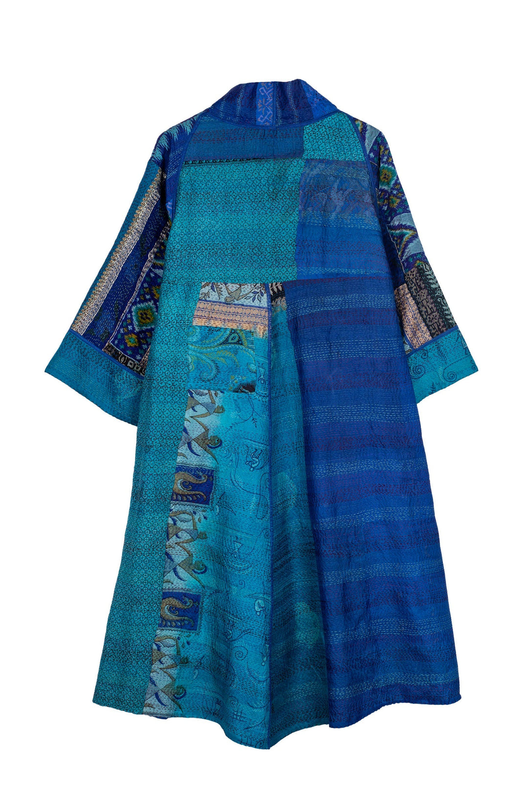 VINTAGE SILK PATCH KANTHA 3/4 SLV. A-LINE DUSTER - vp2324-blu -