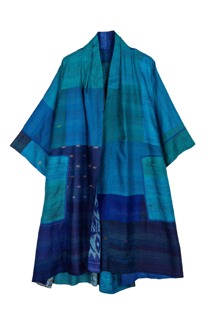 VINTAGE SILK PATCH KANTHA 3/4 SLV. A-LINE DUSTER - vp2324-blu -