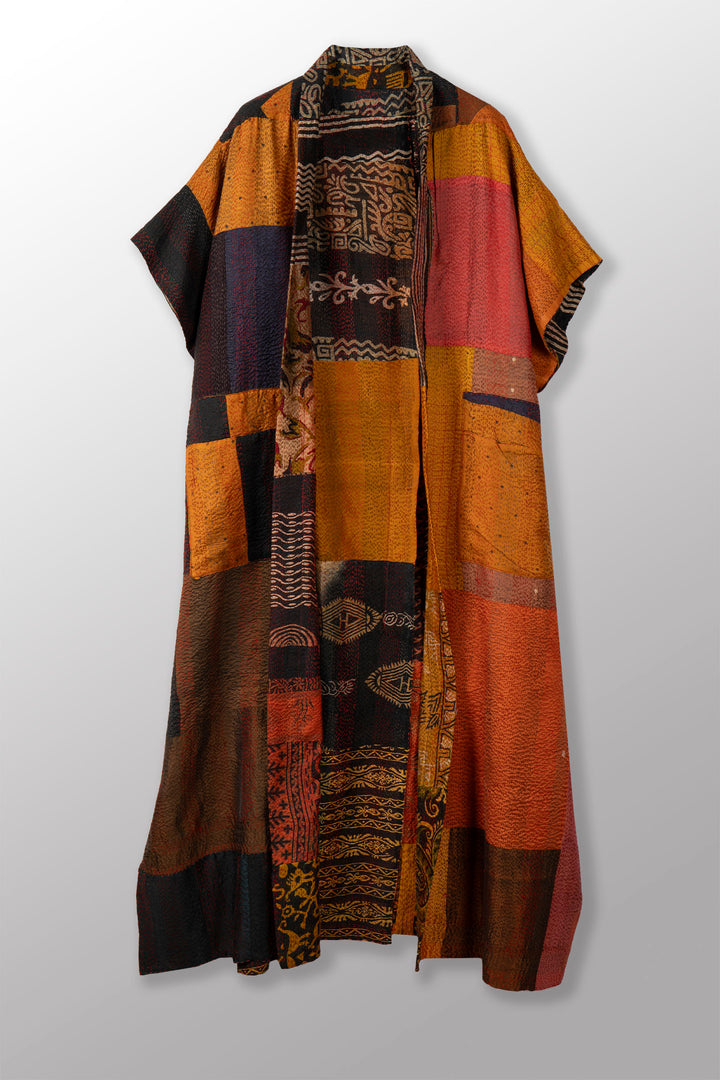 VINTAGE SILK PATCH KANTHA PONCHO DRESS - vp2443-ylw -