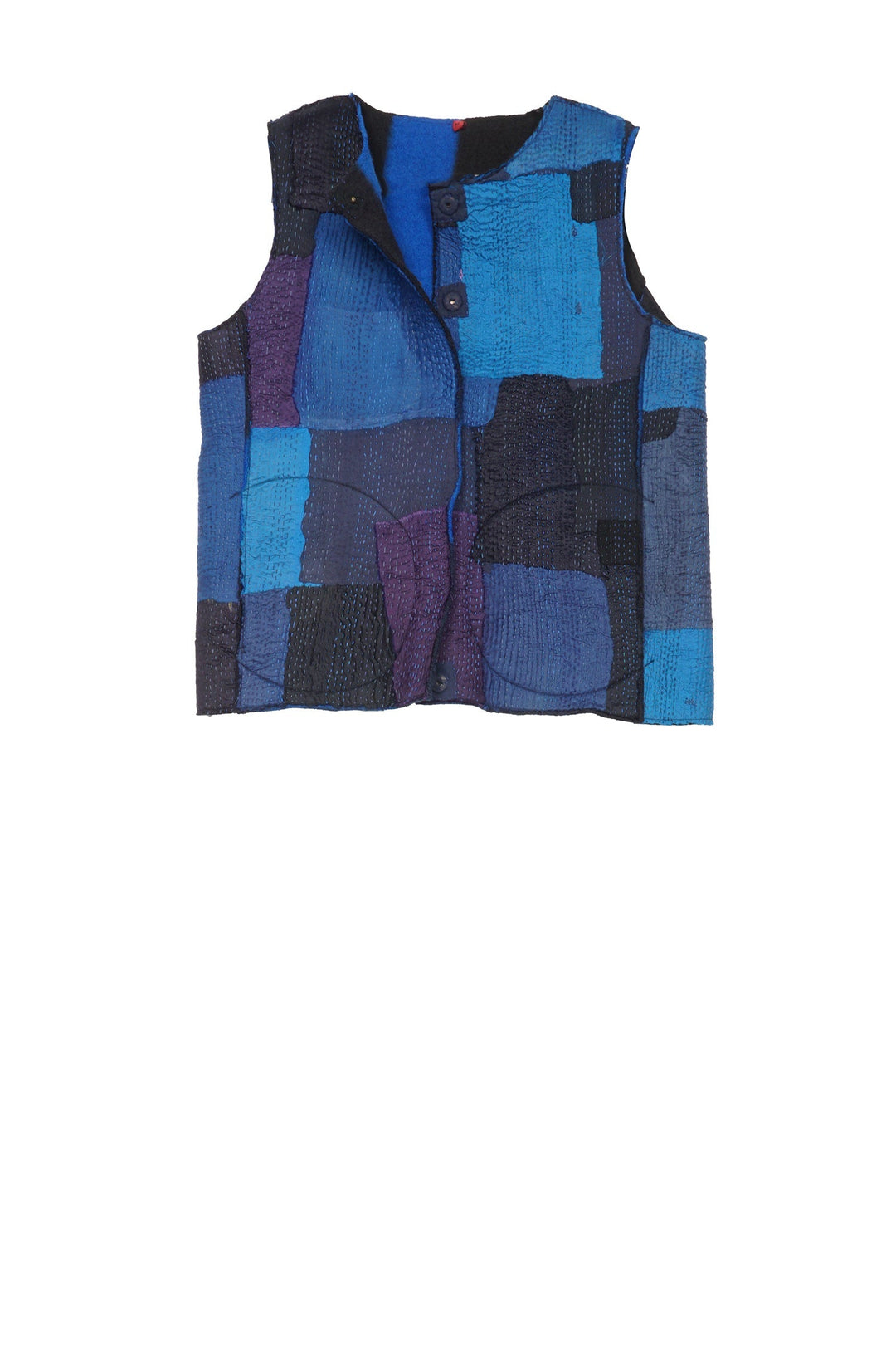 BOILED WOOL KANTHA CREW NECK FITTED VEST - wb2228-blu -