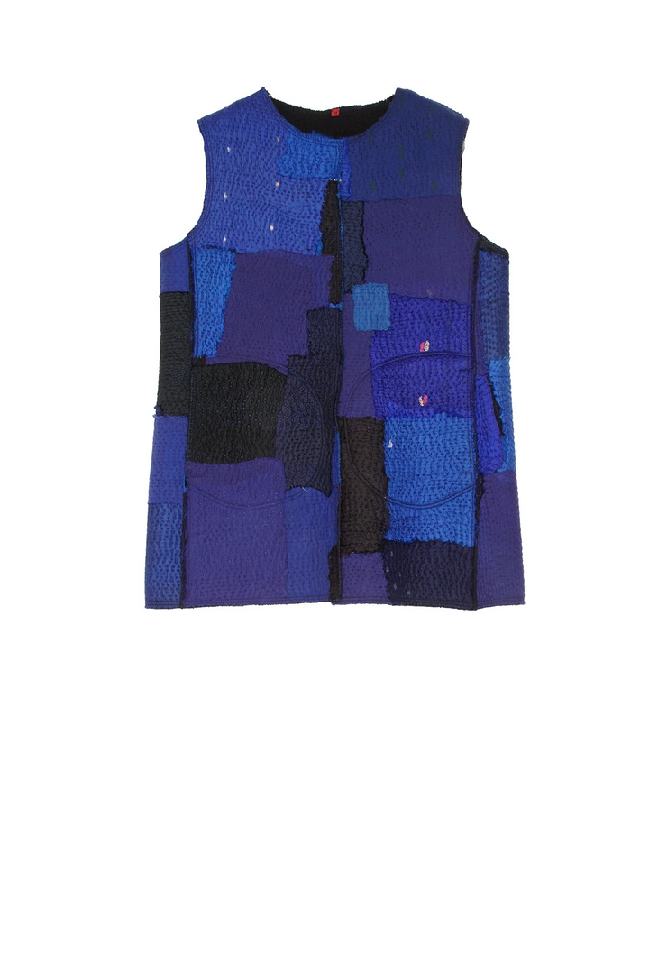 BOILED WOOL KANTHA CREW NECK FITTED VEST MEDIUM - wb2233-blu -