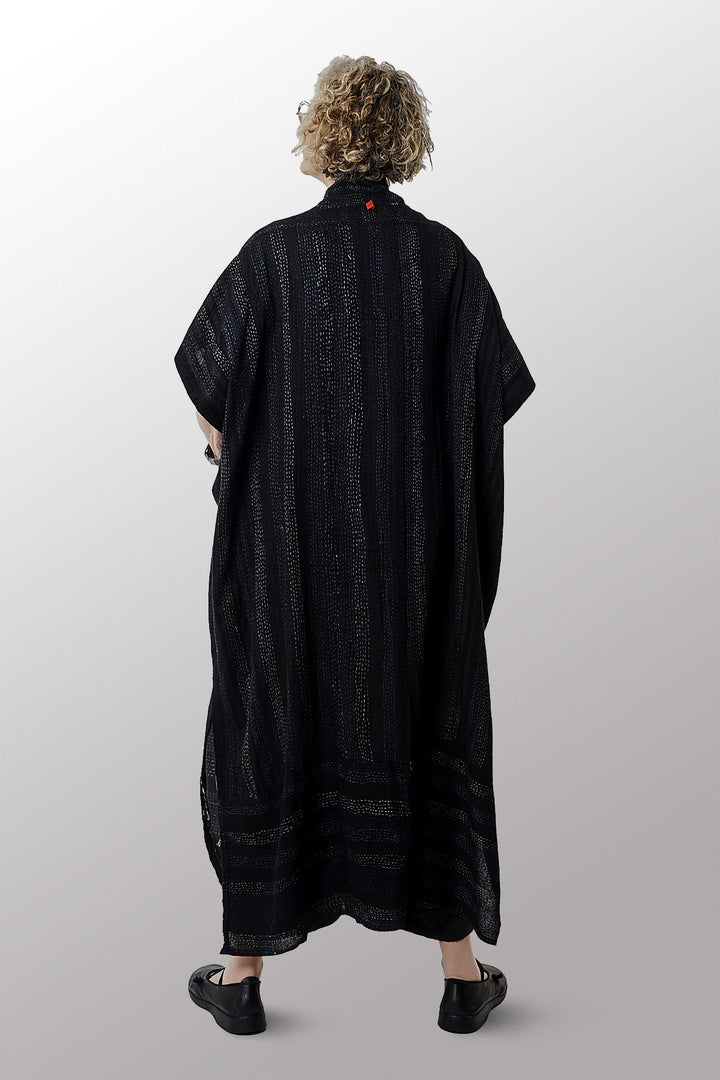 WOVEN HANDLOOM COTTON KANTHA PONCHO DRESS - wc2443-blk -