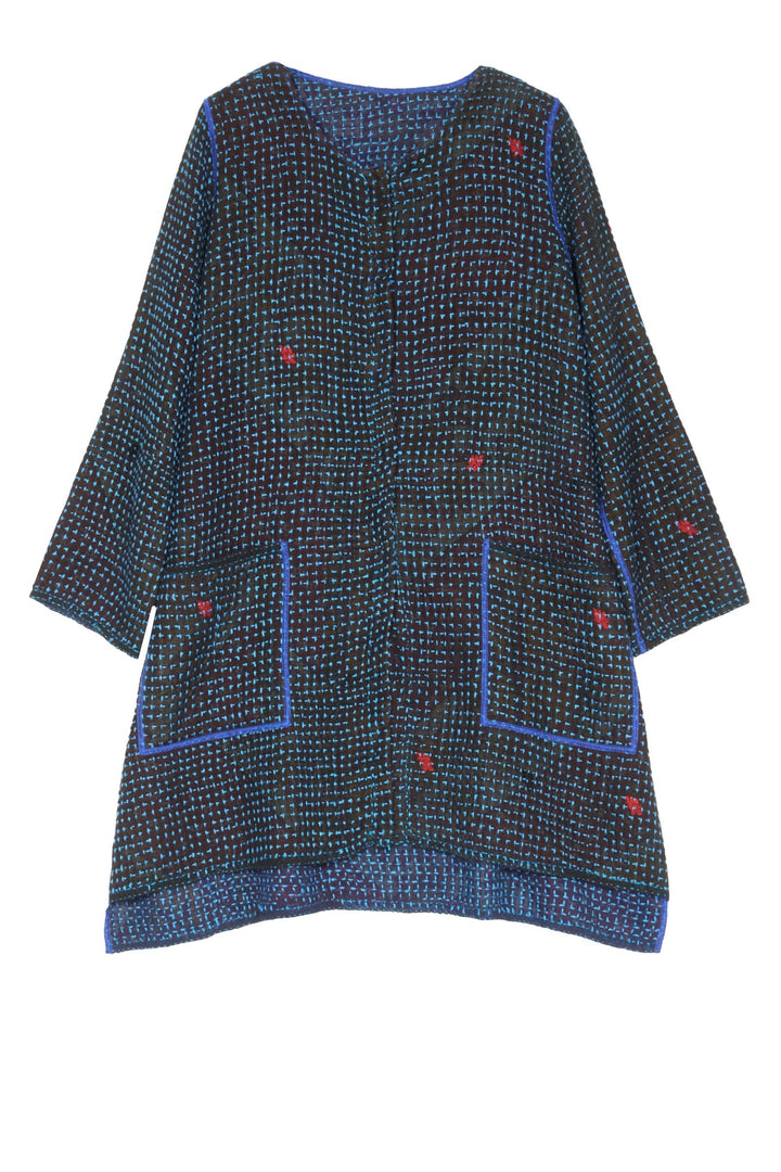 WAFFLE KANTHA CREW NECK POCKET LONG JKT - wf3027-blu -