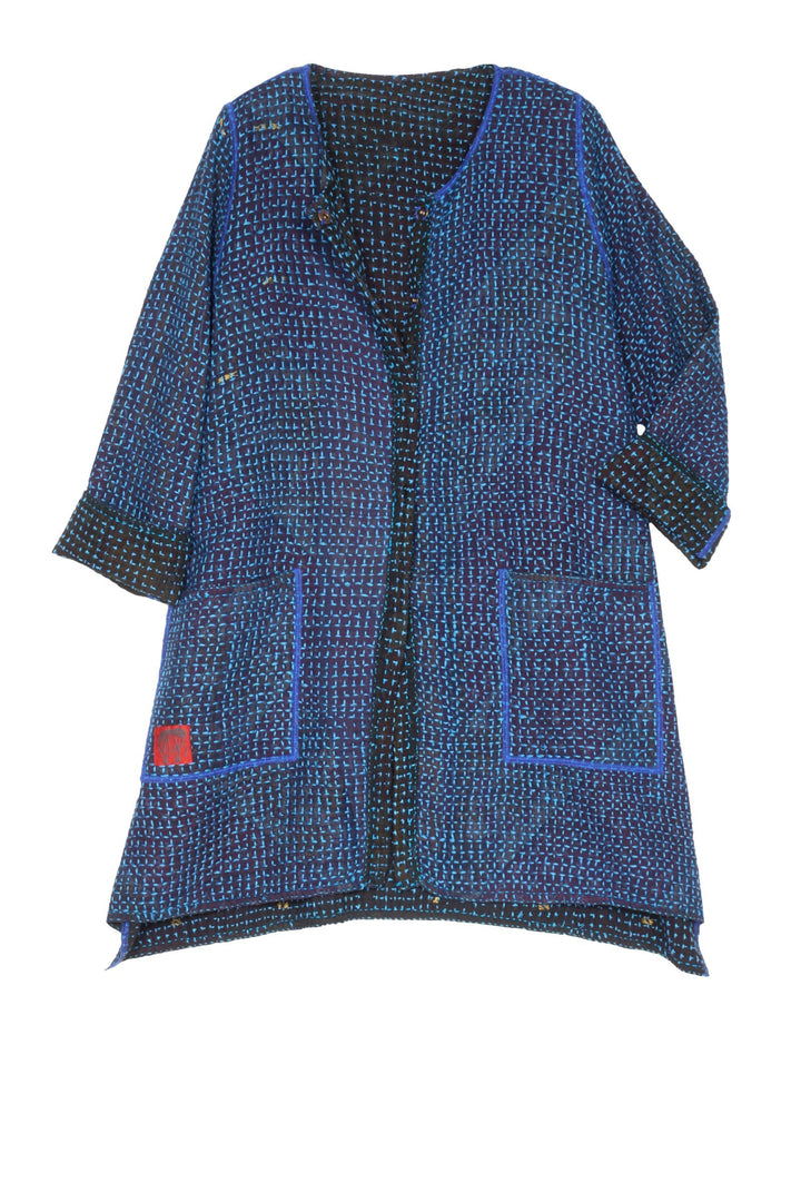 WAFFLE KANTHA CREW NECK POCKET LONG JKT - wf3027-blu -