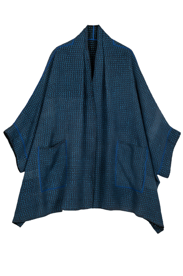WAFFLE KANTHA DOUBLE COLLAR PONCHO - wf3323-blu -