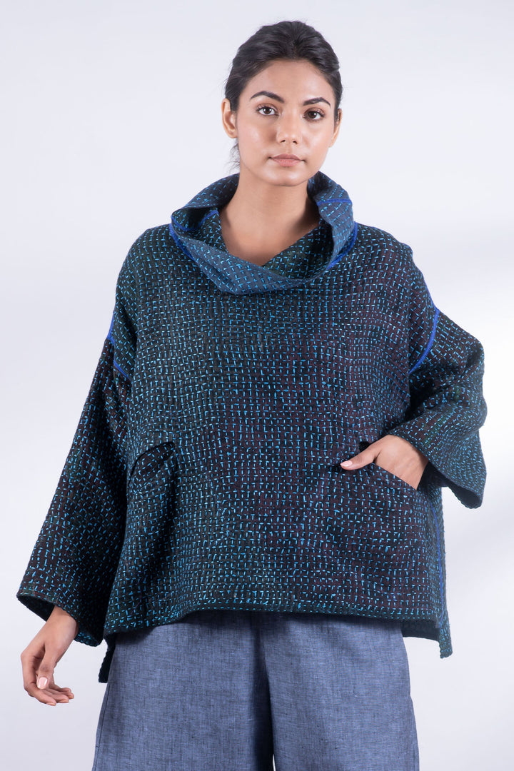 WAFFLE KANTHA COWL PULLOVER - wf3547-blu -