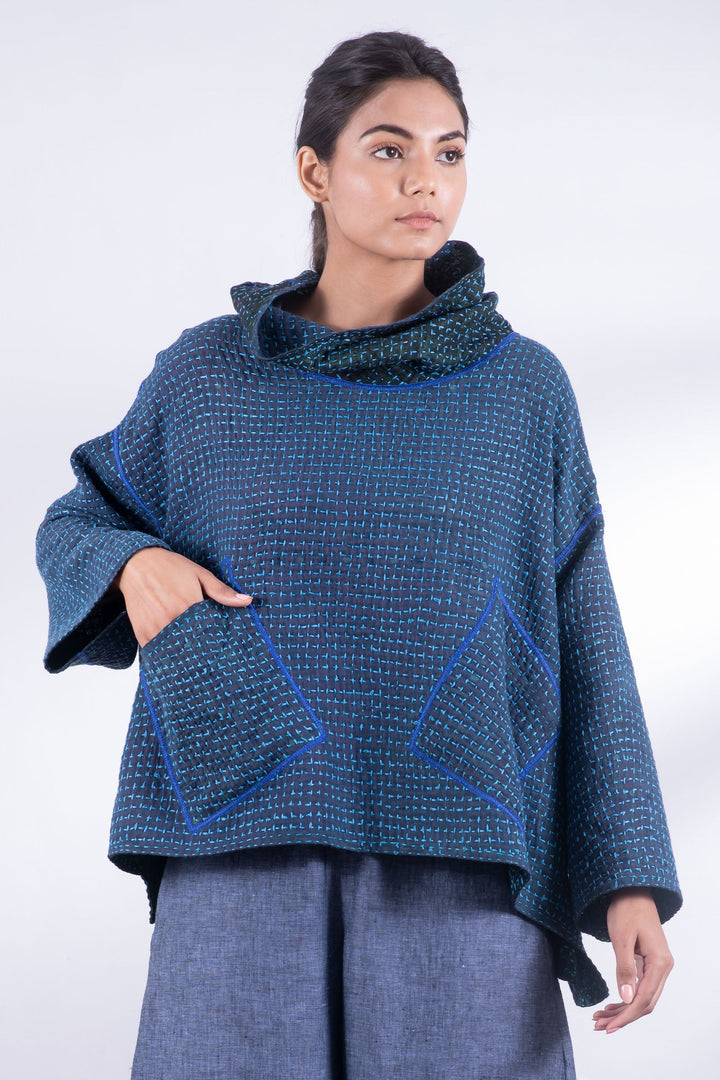 WAFFLE KANTHA COWL PULLOVER - wf3547-blu -