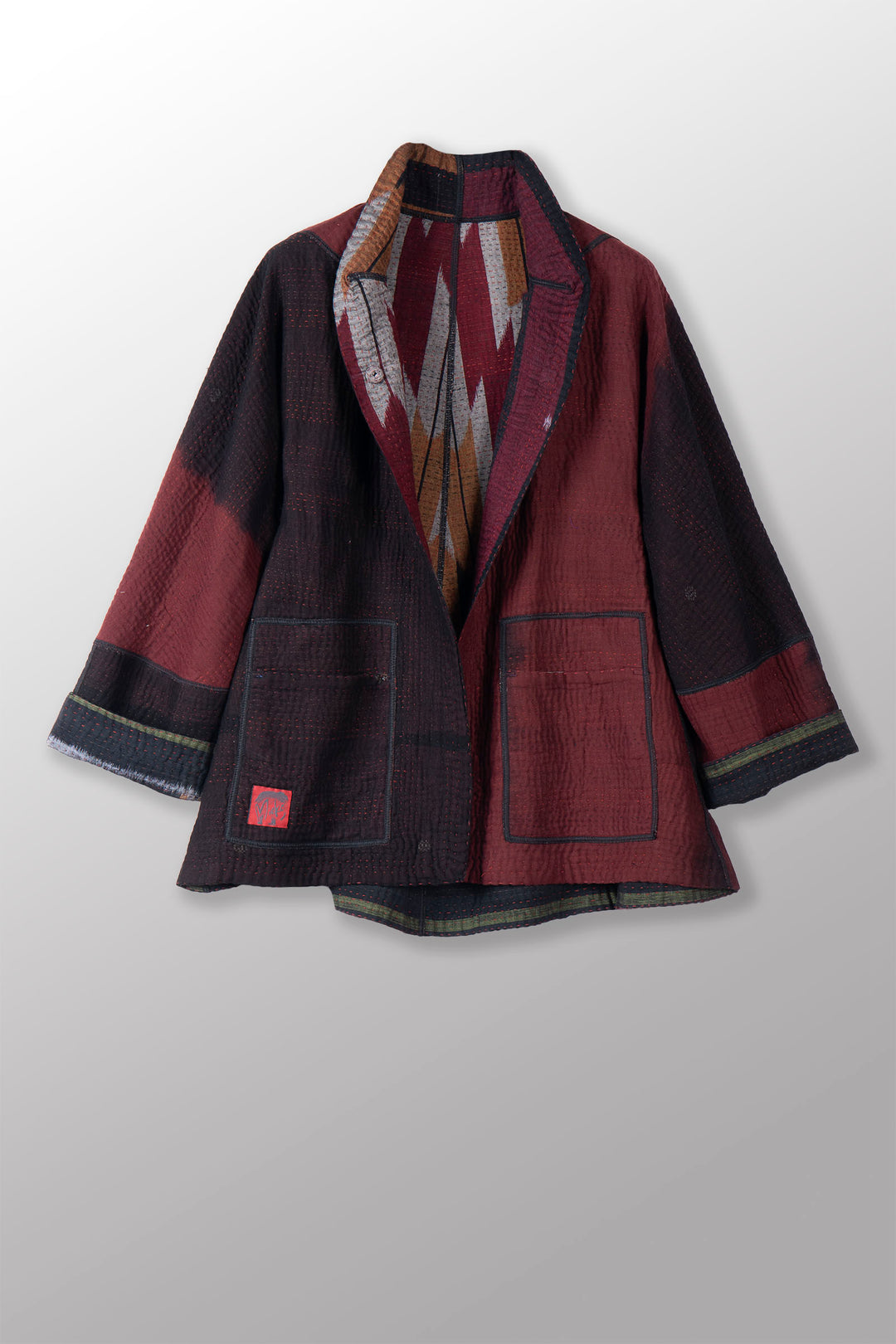 WOVEN HANDLOOM IKAT WITH OMBRE KANTHA FLARE SHORT JACKET - wh4011-red -