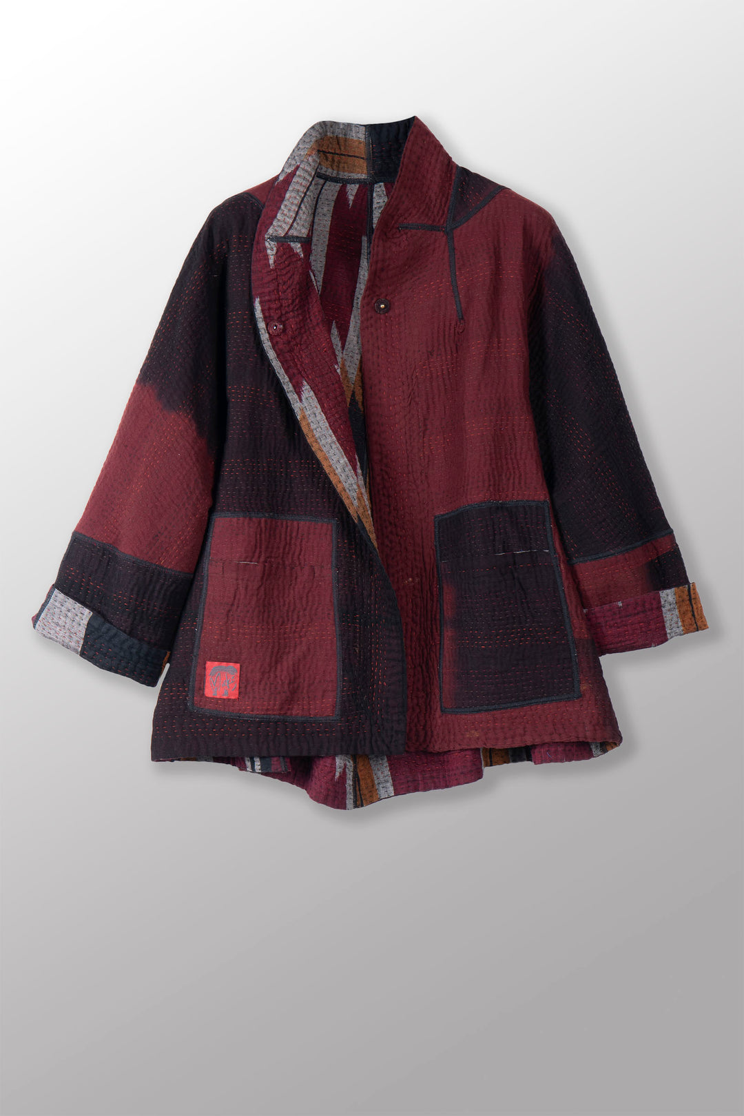 WOVEN HANDLOOM IKAT WITH OMBRE KANTHA FLARE SHORT JACKET - wh4011-red -