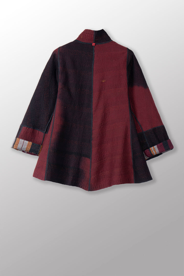 WOVEN HANDLOOM IKAT WITH OMBRE KANTHA FLARE SHORT JACKET - wh4011-red -